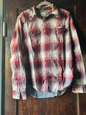 Lucky Brand Red Grey White Plaid Pearl Snap Shirt Size Medium